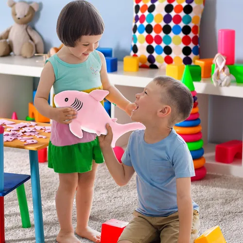 Vista 6 de DolliBu Peluche suave de tiburón rosa para bebé, peluche de tiburón de peluche para niños y niñas, juguetes de animales marinos y regalos