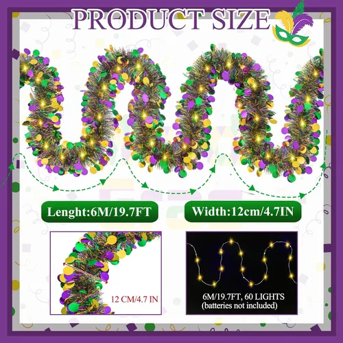 Vista 3 de Guirnalda de oropel de Mardi Gras de 20 pies/19.7 ft con luces LED, guirnalda metálica de oropel con pilas, guirnalda colgante de lámina colorida