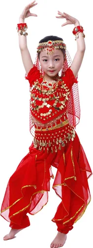 Vista 8 de Astage Girls Belly Dance Costume Short Sleeve Top Skirt Hip Scarf Cosplay All Set Green-b