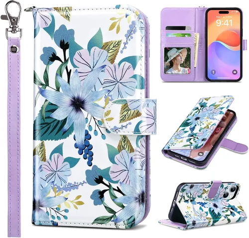 Vista 31 de ULAK Funda tipo billetera compatible con iPhone 15 para mujeres, funda tipo cartera con estampado floral de piel PU premium con porta tarjetas