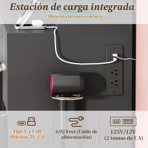 Vista 6 de EasyCom - Mesa de tocador con organizadores de joyería giratorios, tocador de maquillaje con espejo y luces, mesa de vestir con estación de carga