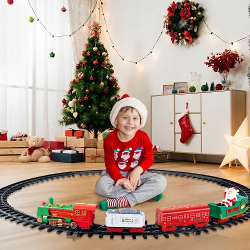 Vista 4 de Juego de Tren de Navidad Colgante - VATOS Juguete de Tren de Navidad 2 en 1 con Luz y Sonido para Niños, Juego de Juguete de Tren Alrededor y Debajo
