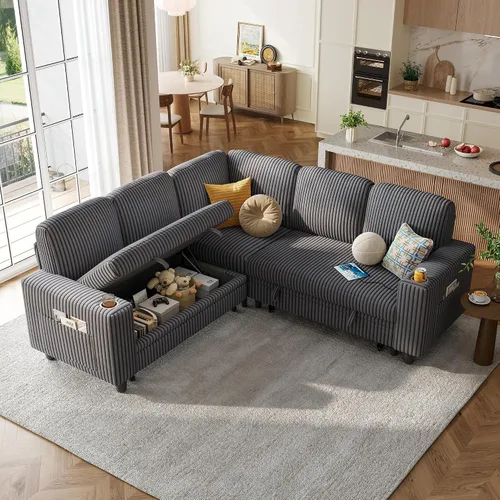 Vista 21 de LINSY HOME Sofá cama seccional con sofá cama extraíble para sala de estar (azul) Plush Corduroy