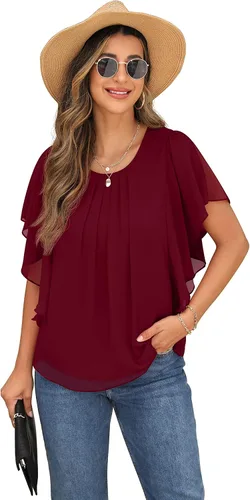 Vista 6 de QIXING Blusas de gasa con cuello redondo y cuello redondo de verano para mujer