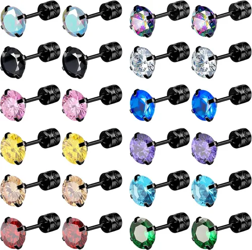 Vista 10 de NEWITIN 12 Pairs Black Earrings for Men Stainless Steel Stud Earrings Set Oro delicado