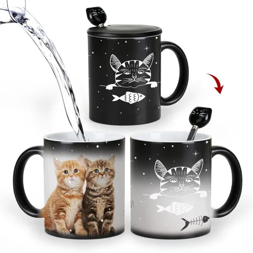 Vista 9 de Tazas únicas para gatos, tazas de café que cambian de color de 11 onzas – The Fish is Delicious – Taza de Halloween con tapa negra y cuchara