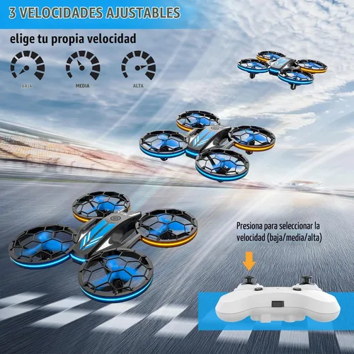 Vista 4 de Drones - Drone RC con auto flotante y modo sin cabeza, cuadricóptero con luz LED, hélice de protección completa, giros 3D, 3 baterías, control