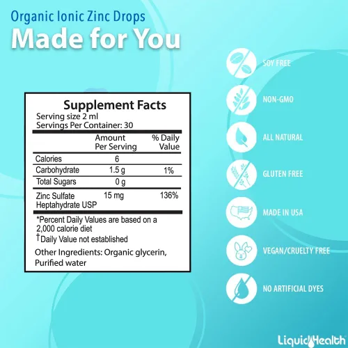 Vista 5 de LIQUIDHEALTH USDA - Gotas de zinc iónico orgánico de alta potencia, suplemento vitamínico líquido mineral traza para adultos y niños, apoyo