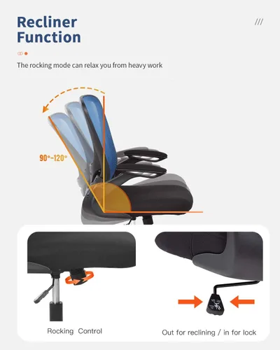 Vista 4 de Silla ergonómica de malla para oficina, con respaldo lumbar, giratoria, con ruedas, ejecutiva, con brazos y respaldo medio ajustable, para Azul