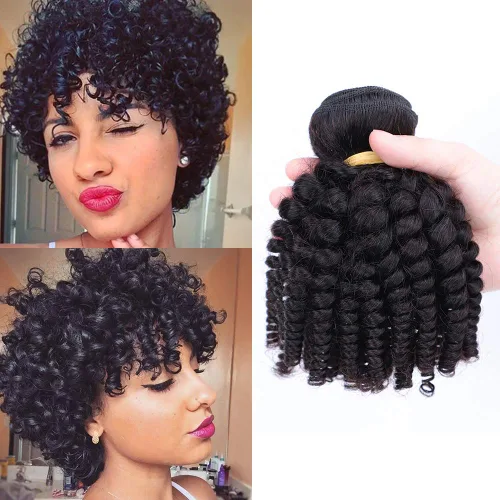 Vista 5 de Extensiones de cabello humano brasileño Funmi de 8, 10, 12 pulgadas, extensiones de cabello rizado afro, tejido corto rizado, extensiones de cabello