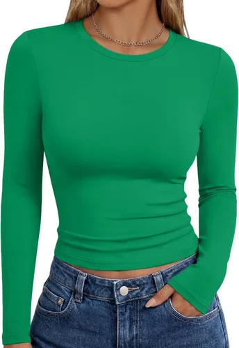 Vista 39 de Trendy Queen Camisetas de manga larga para mujer, camisetas básicas de Verde militar