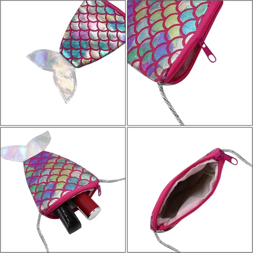Vista 7 de Monedero holográfico brillante con cola de sirena para niñas pequeñas, mini bolso cruzado, cartera para fiesta de cumpleaños, Rosa., Casual