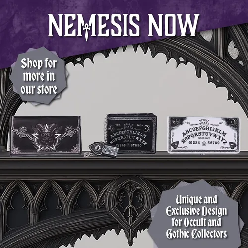 Vista 7 de Nemesls Now Spirit Board - Billetera con diseño de Ouija en relieve, detalles barrocos, temática oculta, color negro, 7.3 in