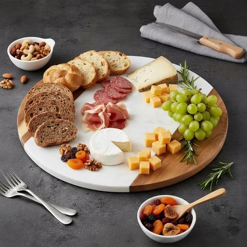 Vista 5 de Okllen Tabla de queso de mármol de 12 pulgadas y tabla de servir de madera de acacia, bandeja redonda de mármol hecha a mano para queso, embutidos