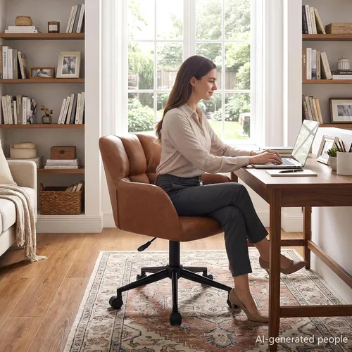 Vista 4 de HNY Silla de escritorio moderna de piel sintética, altura ajustable, cómoda silla giratoria de maquillaje con ruedas para sala de estar, computadora