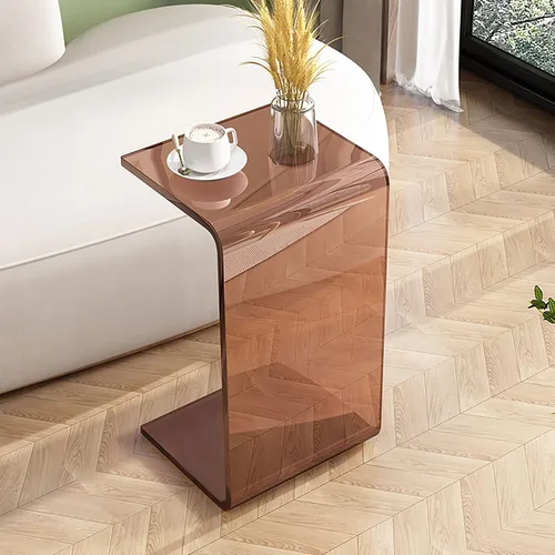 Vista 4 de Mesa auxiliar en forma de C de acrílico marrón, 25,6 EN C en forma de mesa auxiliar para sofá Mesa auxiliar acrílica multiusos en C, mesa auxiliar