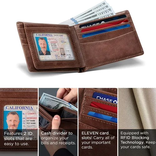 Vista 30 de SERMAN BRANDS Billetera de piel con 2 ventanas de identificación para hombre, con bloqueo RFID, doble tapa superior, billetera de viaje de capacidad
