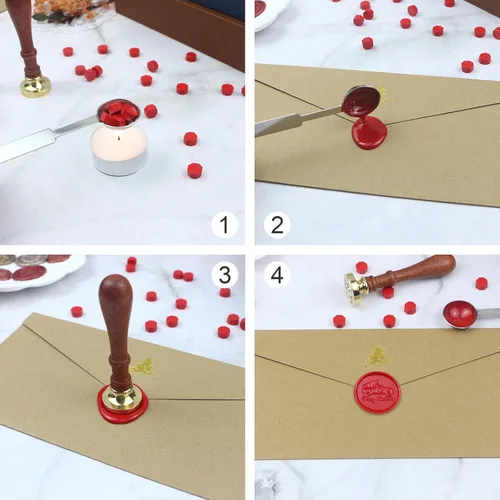 Vista 3 de Kit de sellos de cera de Navidad, sellos de cera de Navidad con mango de madera, 120 cuentas de sello de cera, cuchara para derretir cera y velas