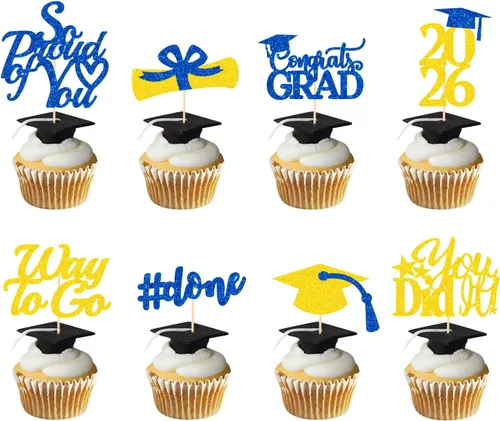 Vista 14 de Decoraciones de graduación 2026 azul, adornos para cupcakes de graduación 2026 azul y negro, suministros de decoración para cupcakes clase de 2026