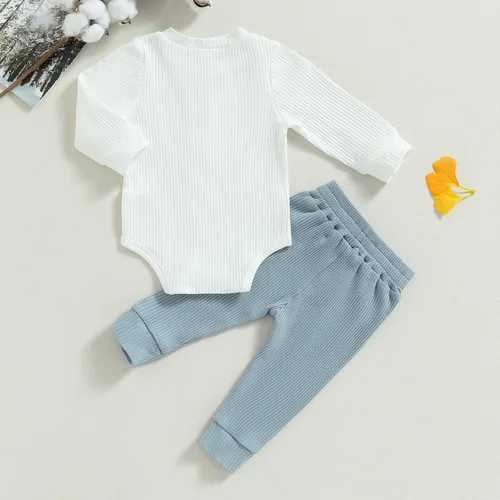 Vista 7 de Ropa de bebé recién nacido, ropa de punto acanalado, manga larga, pantalones de algodón sólido, trajes de otoño e invierno, 2 piezas