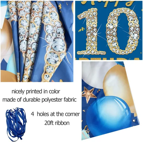 Vista 5 de Cartel de fondo de decoración de cumpleaños número 10, decoración de feliz cumpleaños 10 para niños, fondo de fotografía de cumpleaños azul, cartel