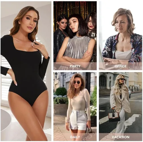 Vista 5 de SHAPERIN Body de manga larga con cuello cuadrado para mujer, color liso, sexy, leotardo