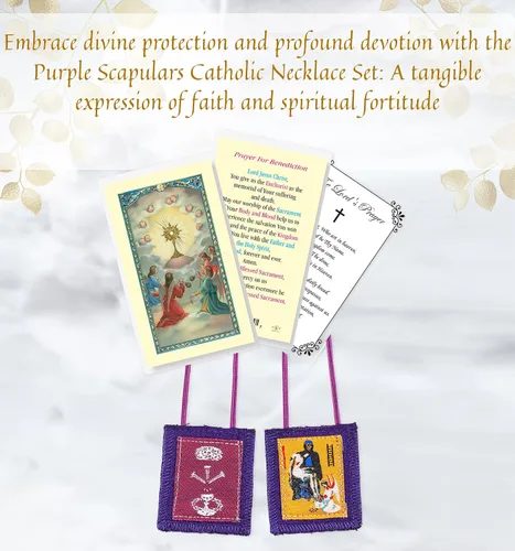 Vista 2 de Collar católico de Escapularios Morados Tarjeta de oración de bendición laminada Oración del Señor Escapulario morado de bendición y protección
