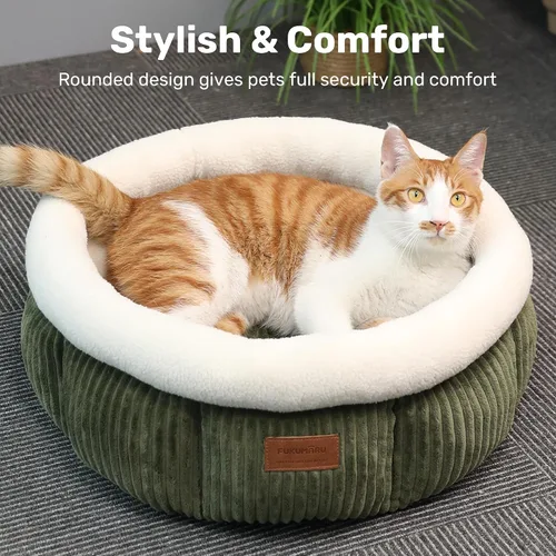 Vista 2 de FUKUMARU Cama para gatos, camas redondas de pana para gatos de interior, cama lavable y esponjosa para mascotas para gatos y cachorros, camas suaves