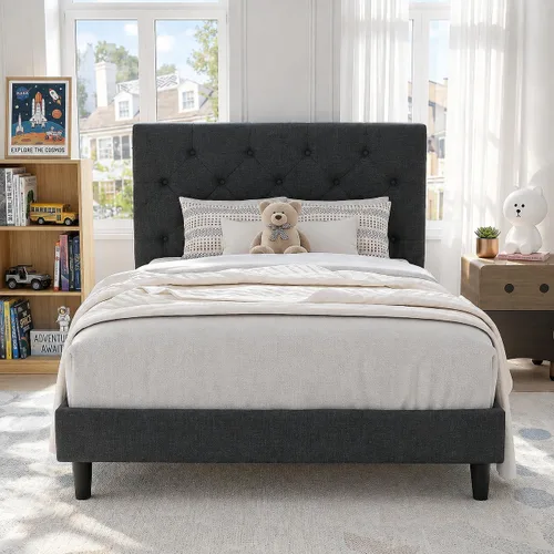 Vista 23 de HOMBCK Base de cama de tamaño individual con cabecera, base de cama tapizada con plataforma de lino para niños, base de cama de tamaño individual