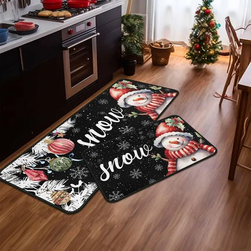Vista 3 de Juego de 2 alfombras y tapetes de cocina navideños de muñeco de nieve negro y copo de nieve, decoración del hogar de invierno, tapete de piso