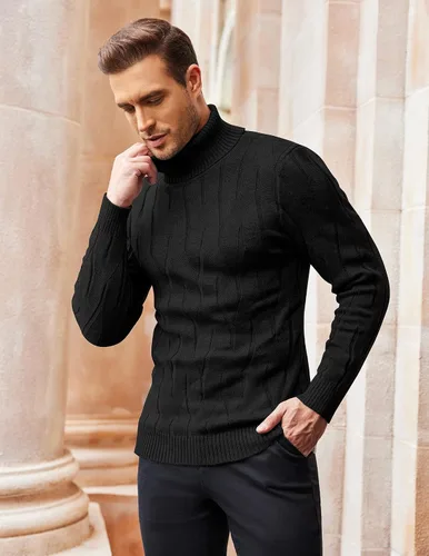 Vista 3 de COOFANDY Suéter de cuello alto para hombre, suéter de punto casual