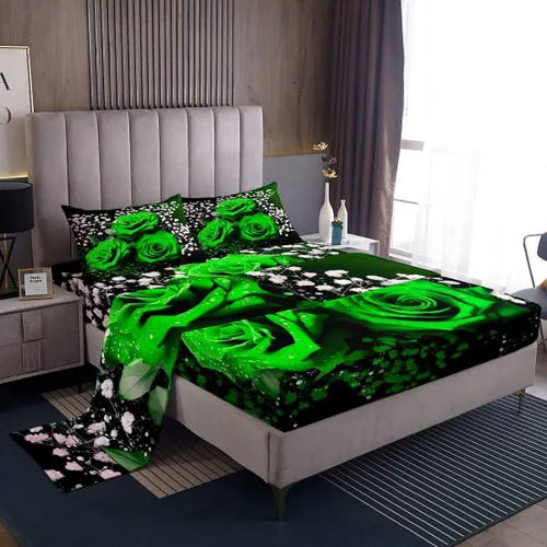 Vista 15 de Juego de sábanas femeninas de flores de rosas rojas, tamaño individual, juego de ropa de cama para el día de San Valentín, decoración de habitación