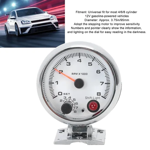 Vista 2 de Tacómetro de coche de 3.75 pulgadas, 0-8000 RPM, 7 luces de fondo de color, medidor de tacómetro, para vehículos de gasolina de 4/6/8 cilindros y 12