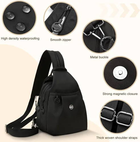 Vista 2 de Mini bolsa impermeable de 2 vías, mochila pequeña Oxford con múltiples compartimentos, para mujeres, universitarios, viajeros, viajes con antirrobo