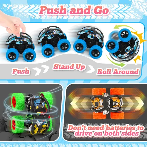 Vista 3 de SevenQ Monster Truck - Juguetes de coches para niños, paquete de 4 coches de carreras, recuerdos de fiesta para niños, empujar y avanzar, coches
