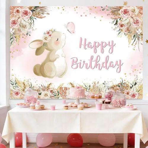 Vista 2 de MEHOFOND Fondo floral de cumpleaños para niñas, acuarela, bohemio, flores, conejo, día de Pascua, fotografía de fondo, pancarta de feliz cumpleaños