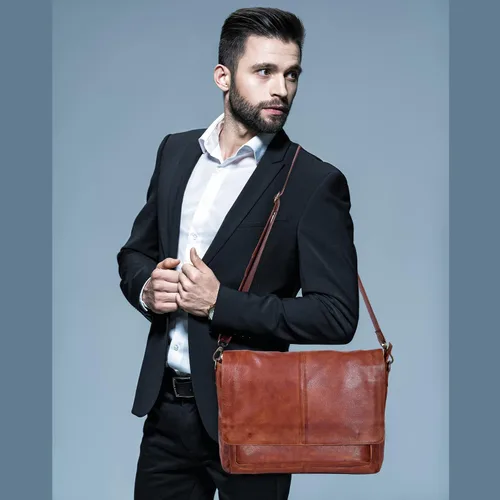 Vista 7 de Bolso de mensajero de cuero real para hombres y mujeres Maletín para laptop para oficina universidad correa de hombro ajustable