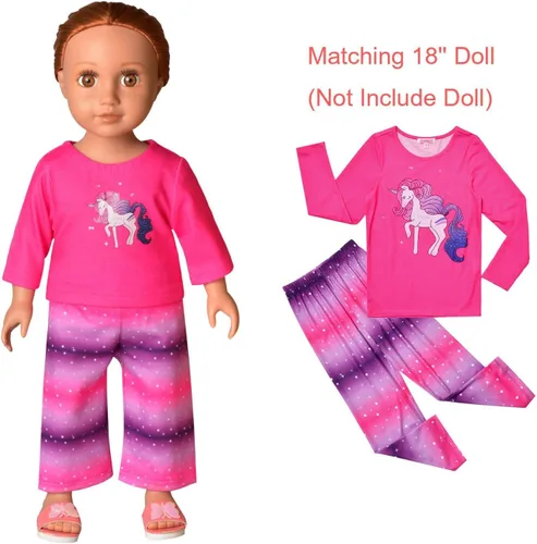 Vista 64 de QPANCY Conjunto de pijamas a juego para niñas y muñecas, pijamas de manga larga para otoño e invierno