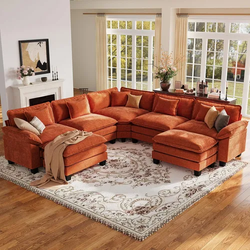 Vista 20 de Sofá modular de gran tamaño de 154 pulgadas, cómodo sofá en forma de U con 3 otomanas móviles, sofá moderno de felpilla de 7 plazas para sala