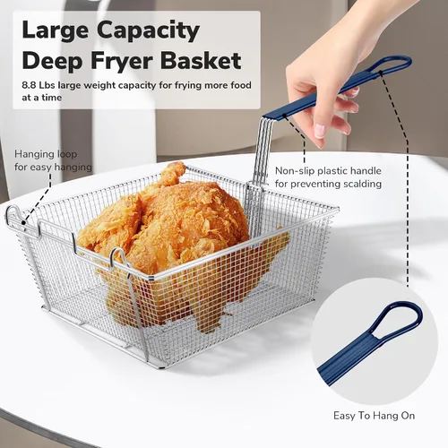 Vista 4 de WeChef - Cesta comercial para freidora de 8.8 libras, gran capacidad, 13 x 12 x 5 pulgadas, cesta de freidora de construcción resistente con mango