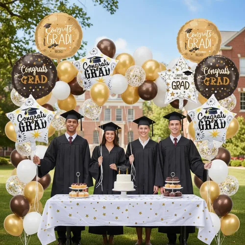 Vista 7 de Juego de decoraciones de globos de aluminio de graduación 2026, 8 globos redondos y de estrella de Congrats 2026 negros y dorados, globos de clase
