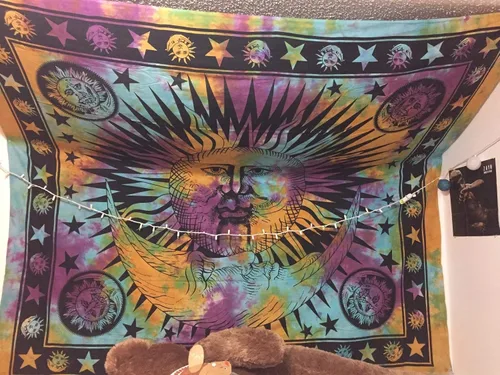 Vista 2 de Popular Handicrafts Tapiz para colgar en la pared, diseño hippie, sol, luna, bohemio, hippie, psicodélico, indio, tapices, colcha, 84 x 90 pulgadas