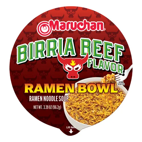 Vista 3 de Maruchan Tazón de ramen, sabor a carne de res Birria, sopa instantánea de fideos al estilo japonés, comida fácil para microondas para estudiantes