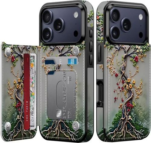 Vista 131 de FUNMIKO Funda tipo cartera para iPhone 15 con tarjetero + clip para efectivo, bloqueo RFID, protección contra caídas de grado militar y obras