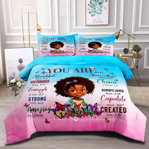 Vista 10 de Juego de edredón de niña negra tamaño individual para niños, juegos de ropa de cama mágica de niña negra, juego de edredón de princesa melanina