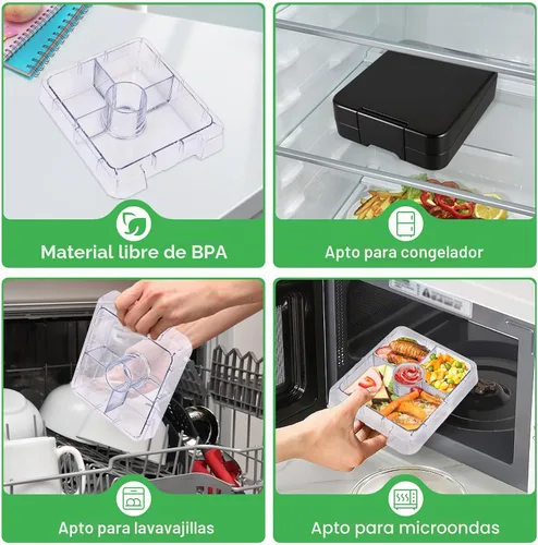 Vista 6 de Pawtong Set de Loncheras Bento con Termo para Sopa de 10oz, loncheras a prueba de fugas con 4 compartimentos, termo para alimentos calientes