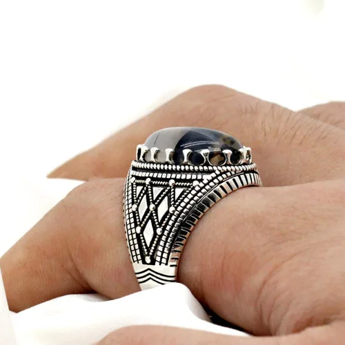 Vista 4 de Anillo de plata de ley 925 maciza para hombre, piedra de ónix oceánico, anillo punk de alta joyería estilo turco