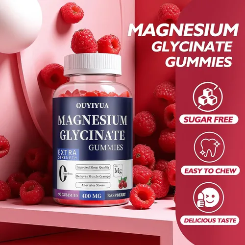 Vista 6 de Glicinato de magnesio 400 mg Gomitas, gomitas de magnesio sin azúcar con vitaminas D, B6 para apoyo al sueño, alivio del estrés y músculos