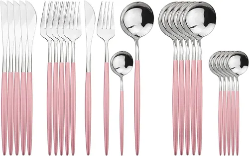 Vista 8 de Juego de cubiertos negros de acero inoxidable de 24 piezas, servicio para 6, vajilla pulida con espejo, cuchillo tenedor y cuchara para el hogar
