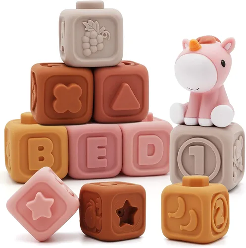 Vista 9 de Nueplay 7 piezas de juguetes para apilar y anidar para bebés, juguetes de dentición para apretar y círculo de construcción con figura de caballo